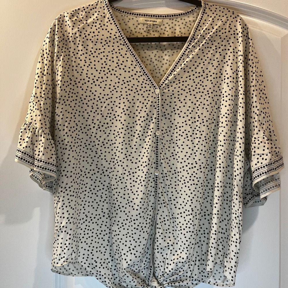 Max Studio Polka Dot V-Neck Tie-Front Blouse Bell Sleeve Cream Black Small